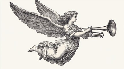 Christmas Angel flying and trumpet on pipe. Religious holiday. Hand drawn illustration in vintage engraving style transparent background