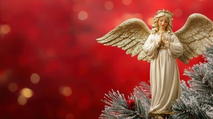 Fototapeta premium Christmas angel ornament on a tree with red background transparent background