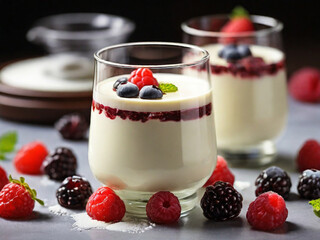 panna cotta in glass with blueberry jam