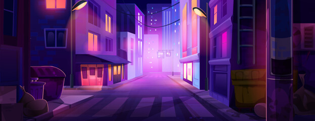 Neon city street at night. Vector cartoon illustration of dark downtown road perspective, modern buildings and shops with illuminated windows, parking sign, zebra crossing, waste container on sidewalk © klyaksun