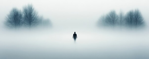 A serene landscape shrouded in fog, featuring a solitary figure walking amidst blurred trees, evoking a sense of mystery and solitude.