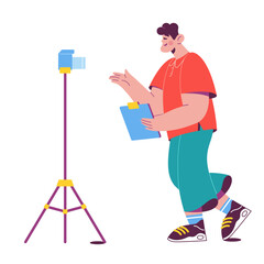 Man is filming a vlog on camera