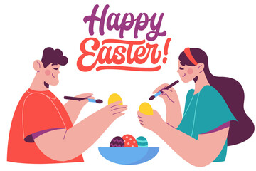 Lettering Happy Easter with girl and guy dyeing Easter eggs text