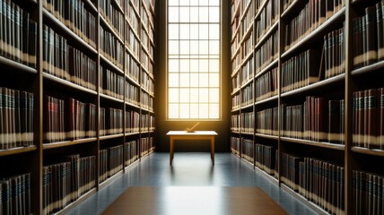 A serene library scene featuring wooden shelves filled with books and natural light streaming through a large window.