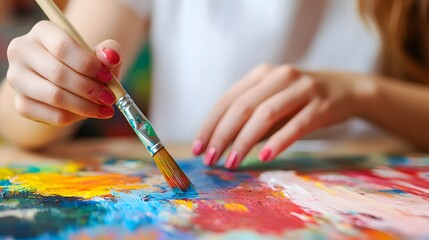 Naklejka premium A young woman’s hands holding a paintbrush, painting on a canvas, Generative AI