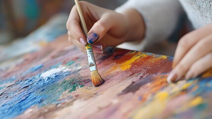 Obraz premium A young woman’s hands holding a paintbrush, painting on a canvas, Generative AI