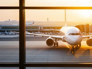 Fototapeta premium A serene sunset view of an airplane parked at the airport, showcasing travel and adventure in a tranquil atmosphere.