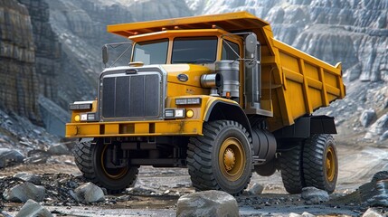 Obraz premium Yellow dump truck in a rocky landscape.