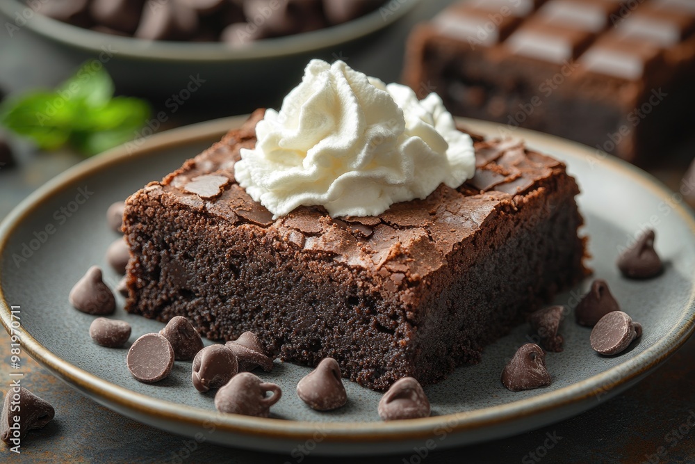 Sticker delicious chocolate brownie with whipped cream on white plate