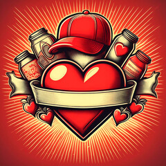 A heart with a red hat and a bunch of bottles in the middle.
