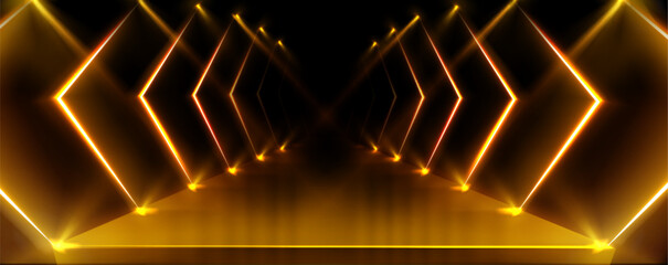 Luxury podium with abstract yellow light. Vector realistic illustration of golden spotlights glowing on black podium, fashion studio design, product presentation platform, VIP award ceremony stage