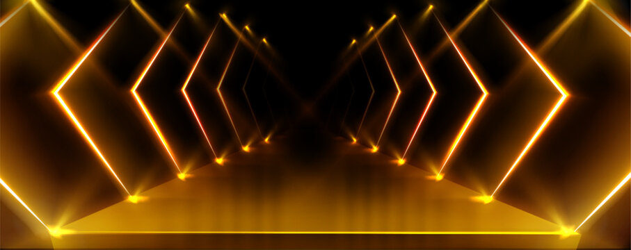 Luxury podium with abstract yellow light. Vector realistic illustration of golden spotlights glowing on black podium, fashion studio design, product presentation platform, VIP award ceremony stage