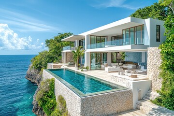 Fototapeta premium Modern luxury villa overlooking ocean with infinity pool on cliffside