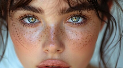Fototapeta premium Close-up Portrait of a Woman with Blue Eyes and Freckles