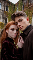 Obraz premium A romantic couple gazing at each other, standing in front of an ivy-covered building, expressing love and affection autumn outdoors.