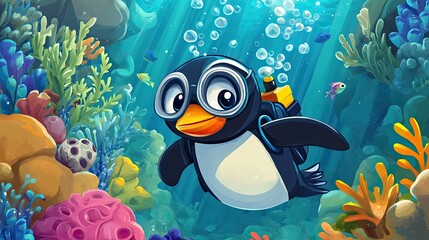 Naklejka premium A Cartoon Penguin Scuba Diving in a Colorful Coral Reef