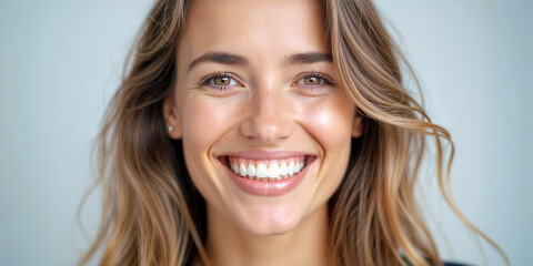 Closeup happy young 20s woman showing toothy smile, isolated on pastel blue background. Skin care, cosmetic surgery, healthy and white teeth, dental care. Dentistry concept.
