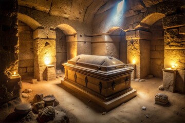 Golden coffin in ancient tomb with stone platform