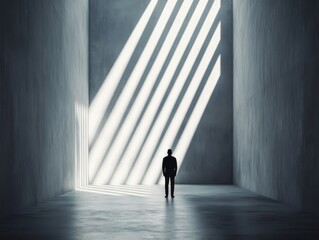 A solitary figure stands in a minimalistic space, bathed in dramatic light, evoking feelings of isolation and contemplation.