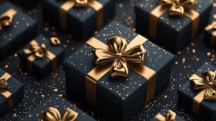 Gift boxes with gold bows on Dark background, Generative Ai transparent background