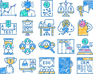 business situations doodle icons set vector. sketch line art business strategy and presentation, employee search and contract signing, coffee break and deadline color illustrations