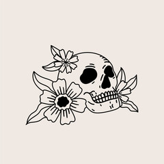 Human skull and flowers. Hand drawn illustration card in sketch style.