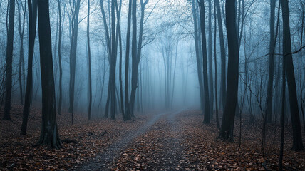 Fototapeta premium Mysterious fog-shrouded forest path on a Halloween night in late October