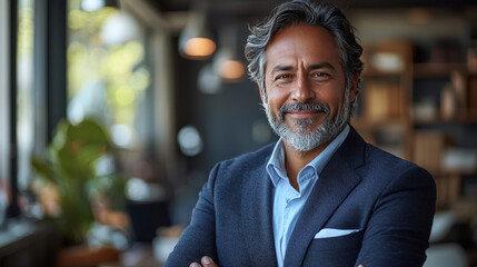 Confident businessman smiling with arms crossed.