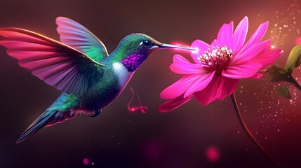 Obraz premium hummingbird with radiant green and purple feathers hovers in mid-air