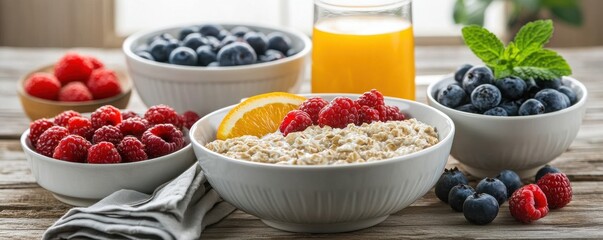 A vibrant breakfast scene featuring oatmeal, fresh berries, and juice, perfect for healthy eating and meal inspiration.