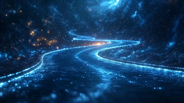 Dynamic cosmic highway of blue light trails and fiery particles illustrates interstellar travel concept, ideal for sci-fi movie posters, space exploration promotions, and futuristic tech visuals