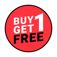 BBuy 1 Get 1 Free. Red Promotion Discount Sticker label.  Banner design template for marketing. Special offer promotion or retail. Red badge typography minimal Text and circle sticker.