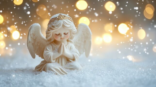 little white guardian angel in snow on shiny lights background. christmas decoration transparent background