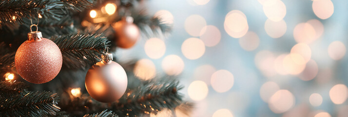 Obraz premium Shimmering Christmas ornaments in rose gold and copper hues adorn pine branches, perfect for showcasing trendy holiday decor styles and inspiring festive home decorating ideas