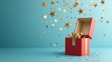 open gift box with floating stars customer award bonus isolated outline sign loyalty program benefit marketing concept cash surprise box money prize reward shopping design template 3d render
