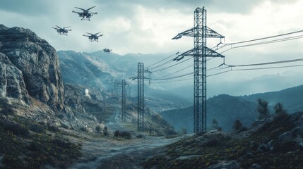 A futuristic electric pole construction project in the mountains, where drones and robotic machines assist in the precise placement of the poles along the challenging terrain.