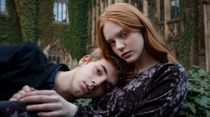 Fototapeta premium Young couple in an intimate embrace, with heads resting together, in front of an ivy-covered university, conveying a sense of close bond and affection.