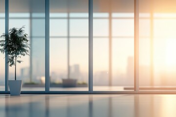 Fototapeta premium Blurred modern office interior with panoramic windows and lighting.