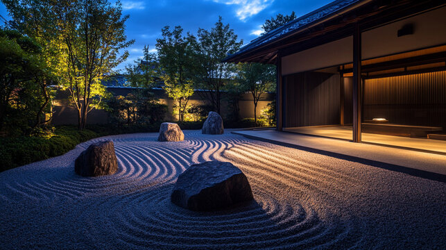 zen garden at night, beautiful Japanese garden