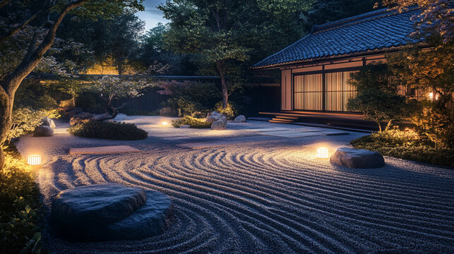 zen garden at night, beautiful Japanese garden