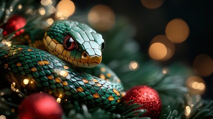 Fototapeta premium A Green Wooden Snake, holiday composition for happy and joy celebrate New Year, black bokeh background