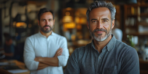 Two men stand confidently in a cafe setting.