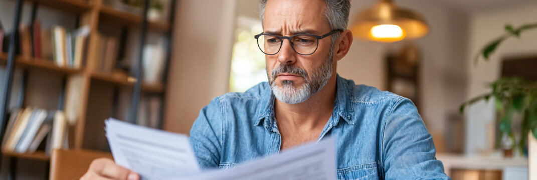 Mature man intently reviewing documents captures financial planning challenges, ideal for retirement advice services, tax preparation ads, and personal finance educational materials - Powered by Adobe