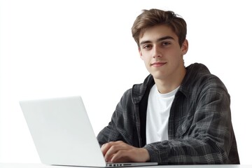 Successful young man student freelancer working remotely with laptop
