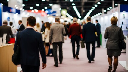 Blurred rear view of people browsing booths at an exhibition.