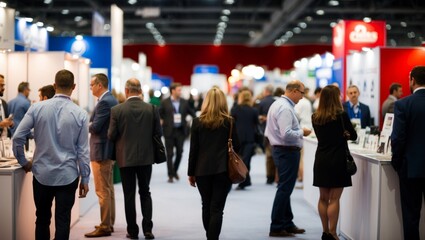 Blurred rear view of people browsing booths at an exhibition.