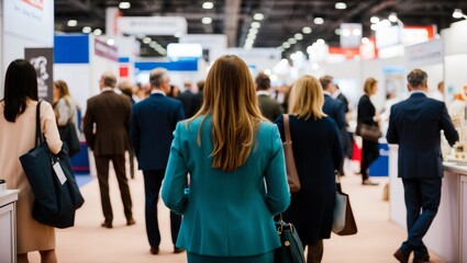 Blurred rear view of people browsing booths at an exhibition.