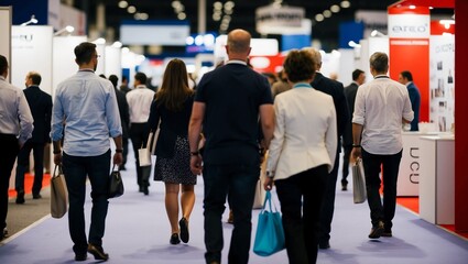 Blurred rear view of people browsing booths at an exhibition.