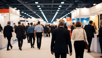 Blurred rear view of people browsing booths at an exhibition.