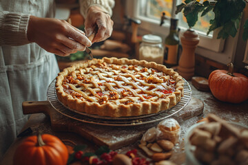 Artisanal pie craftsmanship moments showcase fall's warmth and flavor, ideal for culinary school promotions, baking equipment ads, and harvest festival event posters